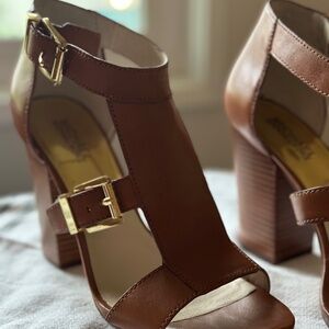 Michael Kors Camel Open Toe Sandal with 3" Block Heel
